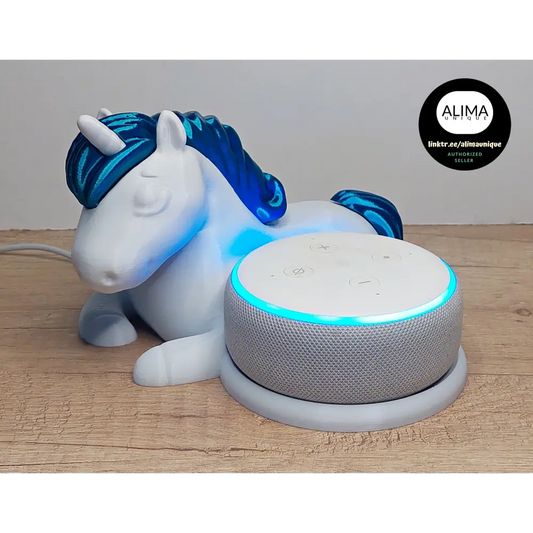 Schlafendes Einhorn als Halter für Echo Dot 3 - 20 cm lang - weiß mit türkisfarbener (metallic) Mähne & Schweif-