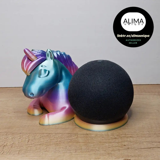 Schlafendes Einhorn als Halter für Echo Dot 5 - 20 cm lang - komplett in Regenbogen pastell schimmernd - 3D-Druck