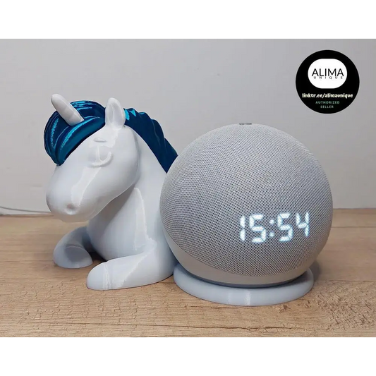 Schlafendes Einhorn als Halter für Echo Dot 5 - 20 cm lang - weiß mit türkisfarbener (metallic) Mähne & Schweif-