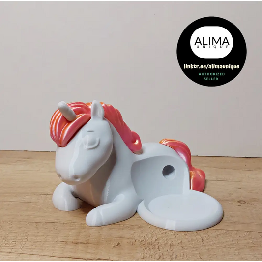 Schlafendes Einhorn als Halter für Echo Dot 5 - 20 cm lang - weiß mit Mähne & Schweif in Pink/Gold Metallic