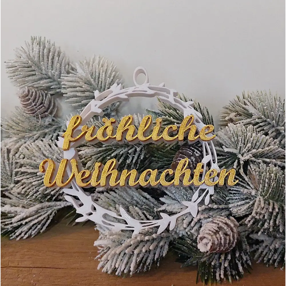 Weihnachtskranz ’Zweig’ - fröhliche Weihnachten - weiss mit goldener Schrift - 12,5 cm - Weihnachten